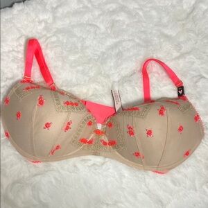 Victoria Secret 36D Beige and Hot Pink Embroidered Balcony Bra
